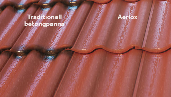 Tegelröd Jönåker Protector-tak bredvid tegelröd Aerlox-tak, jämförelse mellan de olika pannornas mosspåväxt.
