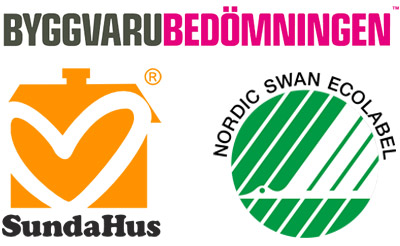 Loggorna för Byggvarubedömningen, SundaHus och Nordic Swan Ecolabel.