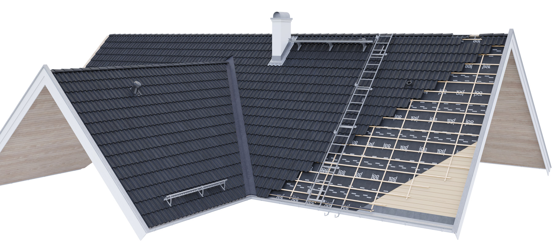 Illustration över ett brant tak med svarta takpannor. Man ser takets olika skikt, från underlagsduk till läkt.