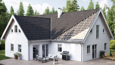 Illustration med vitt putsat hus, svart tak där man ser takets olika lager, underlagstak, läkt och takpannor.